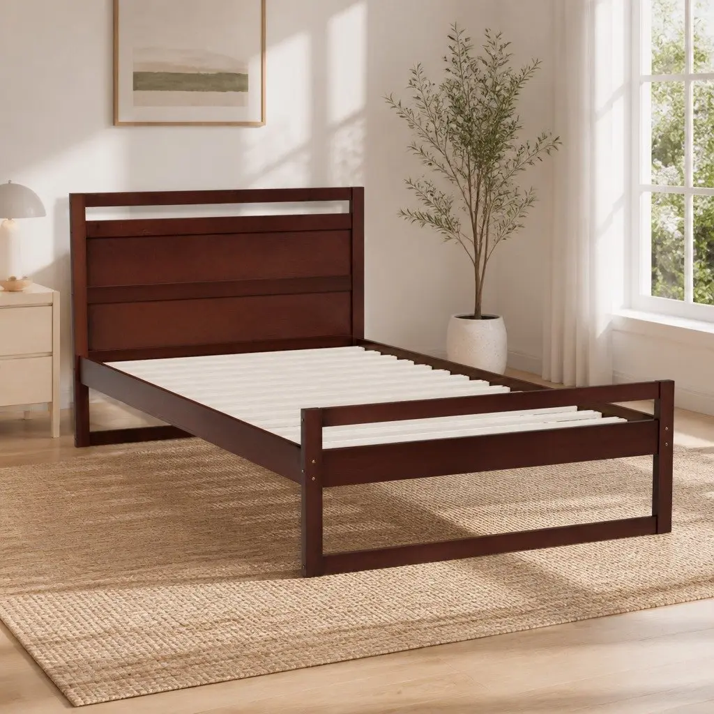 Wooden Bed Frame Rustic Style King Single Size Walnut Flat Head Pinewood Slatted Base