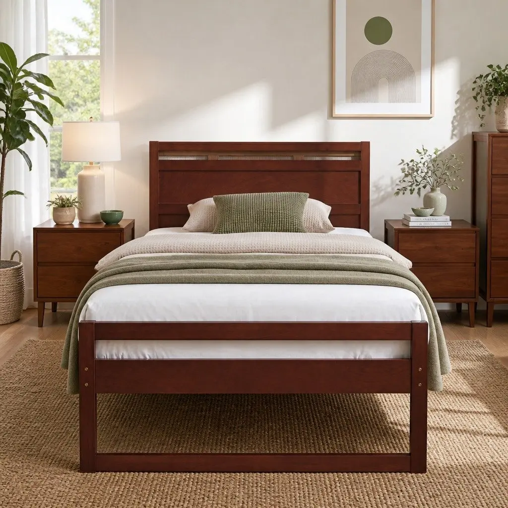 Wooden Bed Frame Rustic Style King Single Size Walnut Flat Head Pinewood Slatted Base