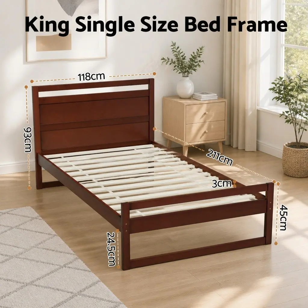 Wooden Bed Frame Rustic Style King Single Size Walnut Flat Head Pinewood Slatted Base