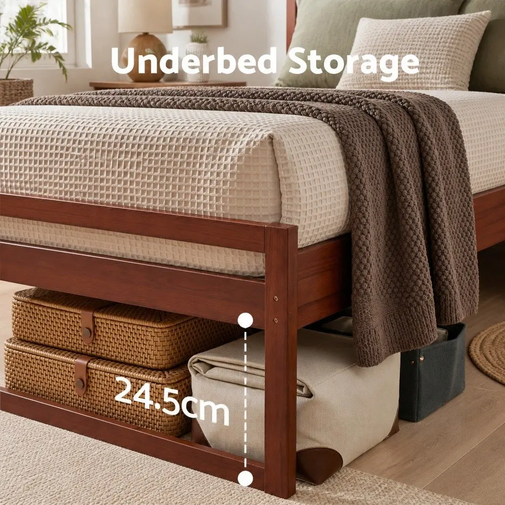 Wooden Bed Frame Rustic Style King Single Size Walnut Flat Head Pinewood Slatted Base