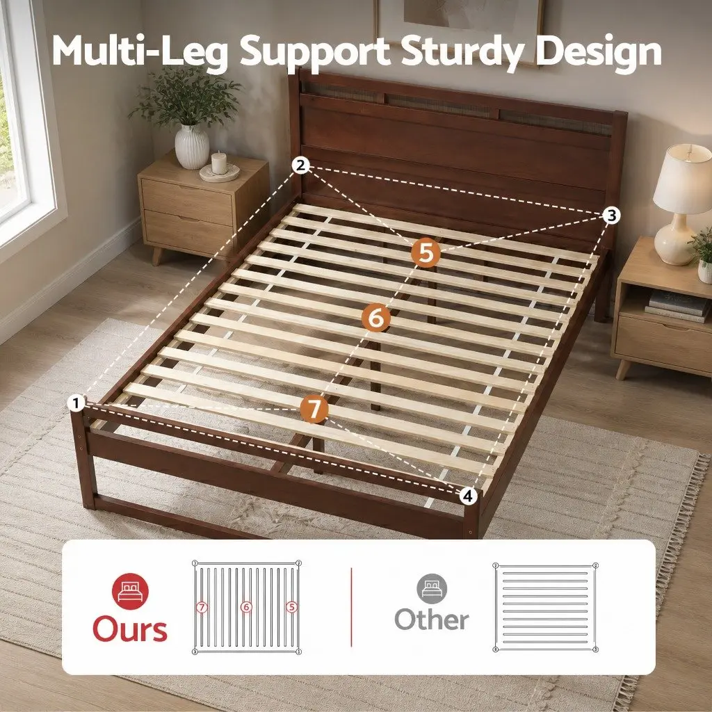 Wooden Bed Frame Rustic Style King Single Size Walnut Flat Head Pinewood Slatted Base