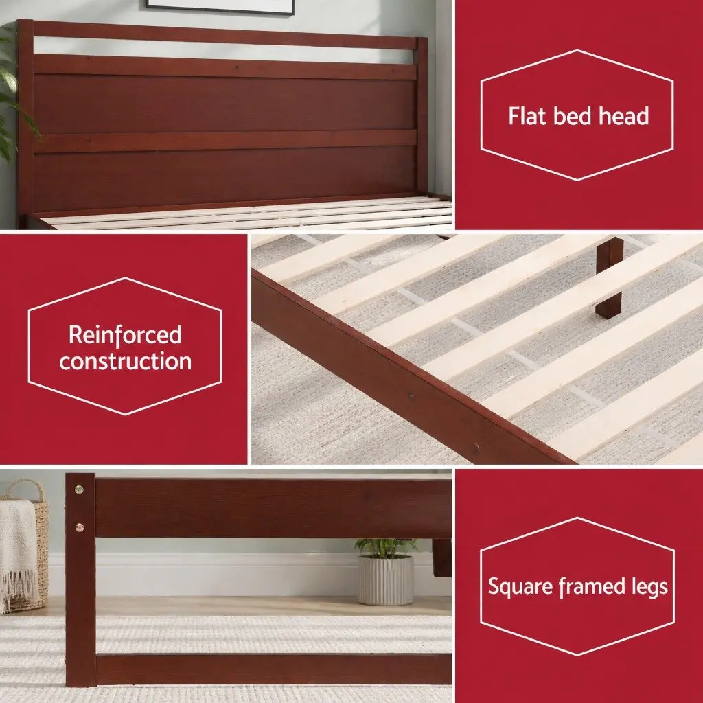 Wooden Bed Frame Rustic Style King Single Size Walnut Flat Head Pinewood Slatted Base