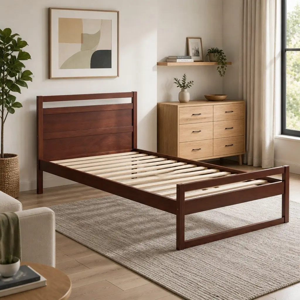 Wooden Bed Frame Rustic Style King Single Size Walnut Flat Head Pinewood Slatted Base