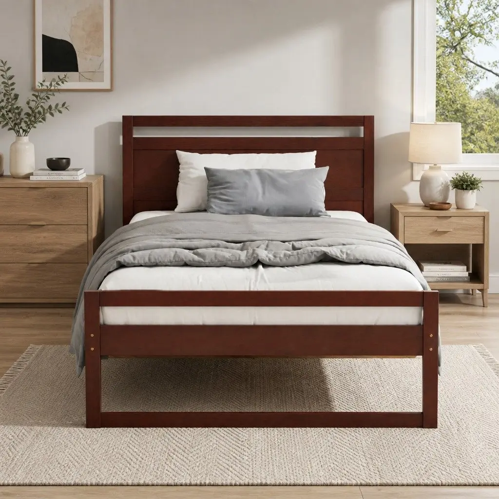 Wooden Bed Frame Rustic Style King Single Size Walnut Flat Head Pinewood Slatted Base