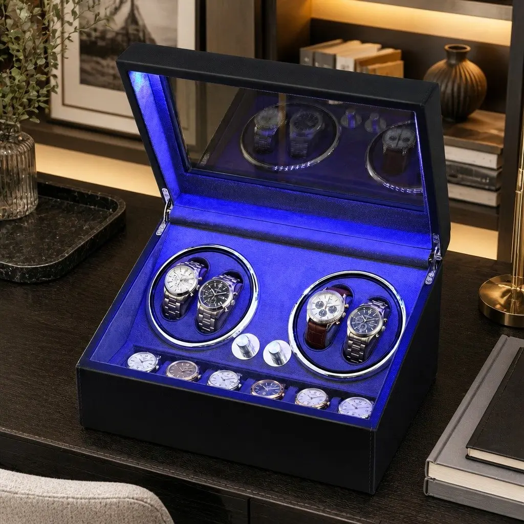 Automatic Watch Winder Dual Rotation LED Black Display Case 34 x 24 x 18 cm