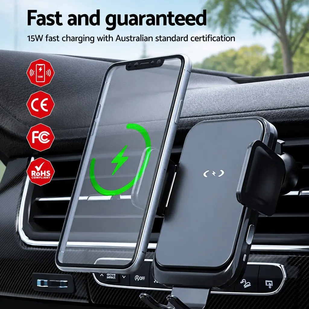Wireless Charger Mount Black Fast Charging 15W Suction Cup for Phone Vent Holder