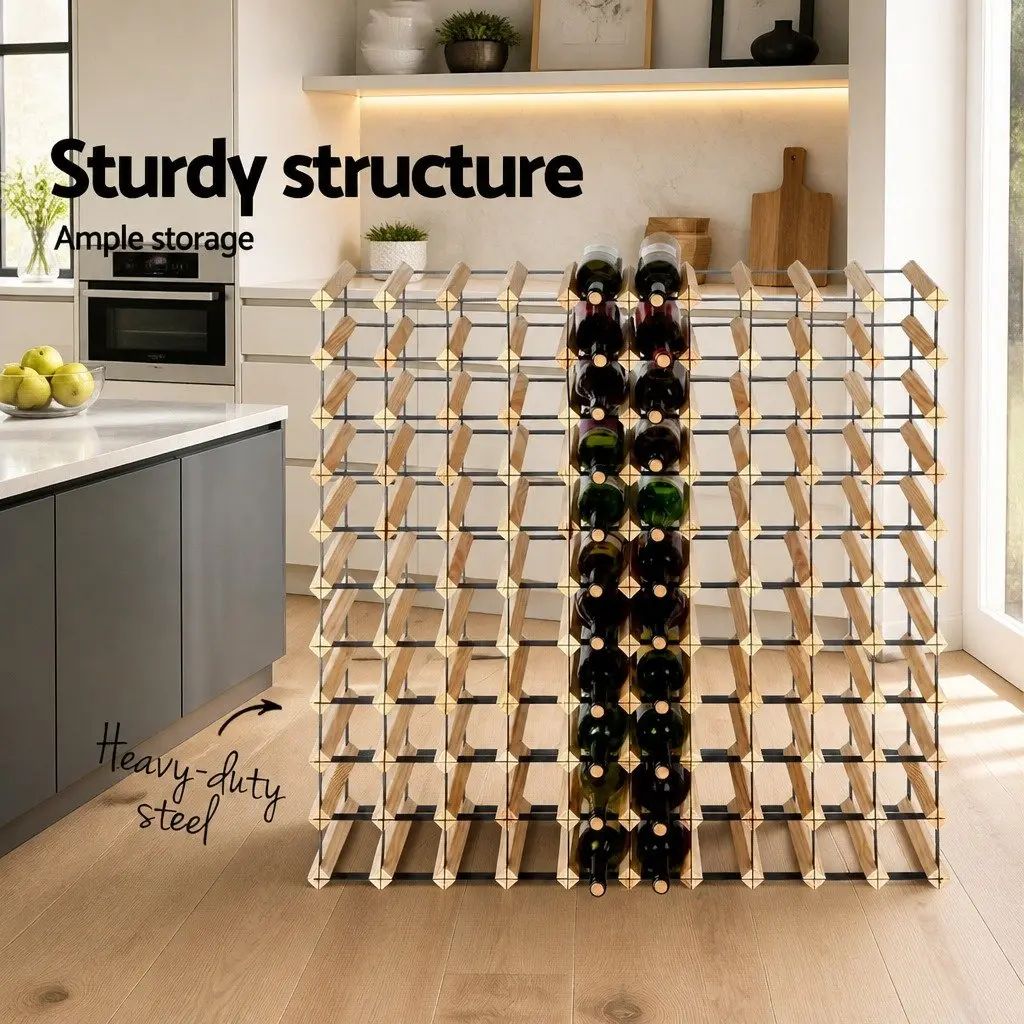 Wine Rack Sturdy Pine Wood Steel Frame 110 Bottle Storage Holder