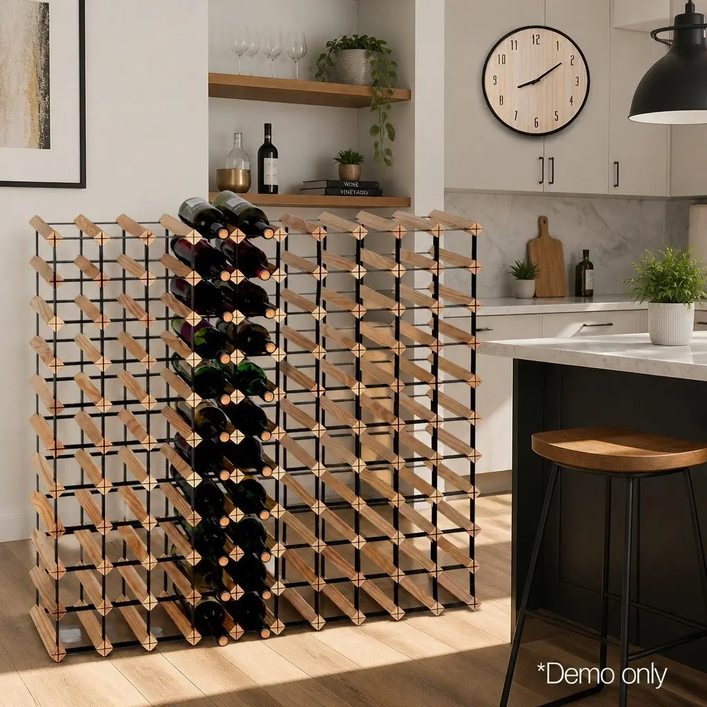 Wine Rack Sturdy Pine Wood Steel Frame 110 Bottle Storage Holder
