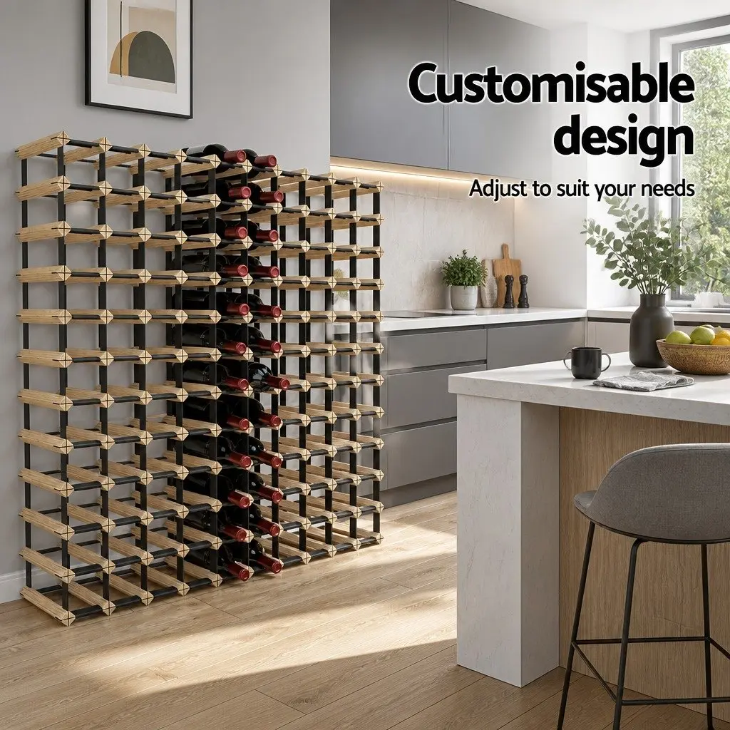 Wine Rack Wooden Steel Frame 120 Bottle Storage Holder