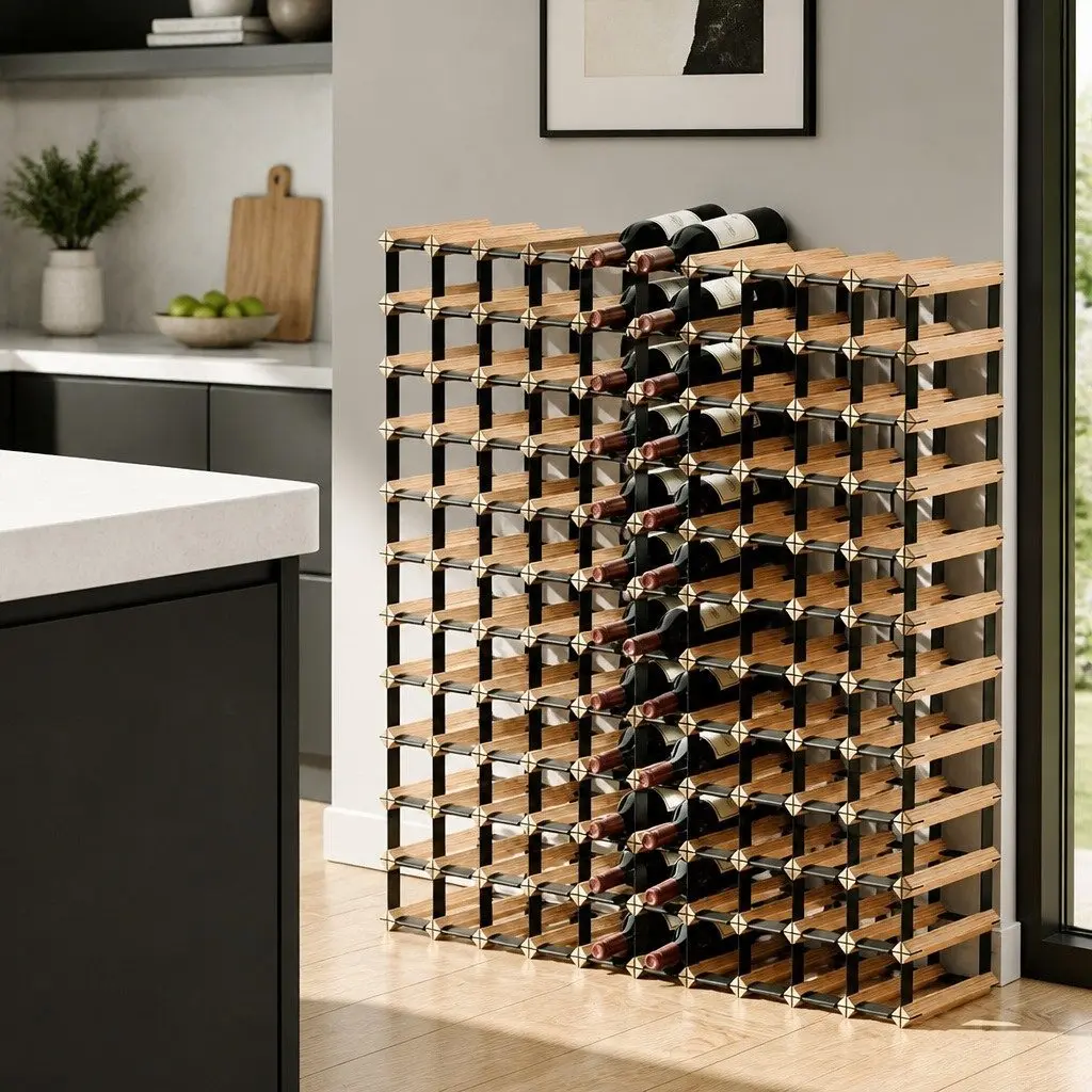 Wine Rack Wooden Steel Frame 120 Bottle Storage Holder
