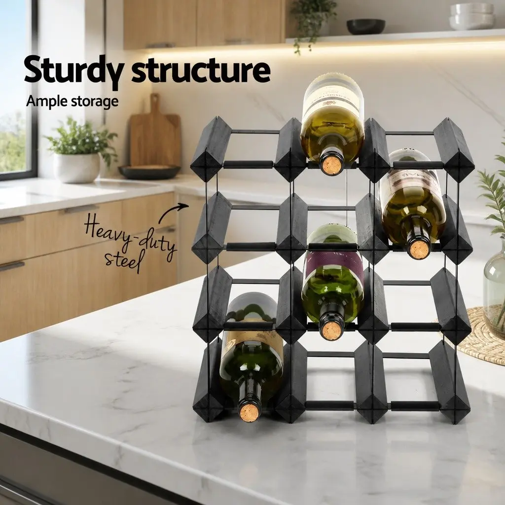 Wine Rack Space Saving Black Timber 12 Bottle Storage Display Stand