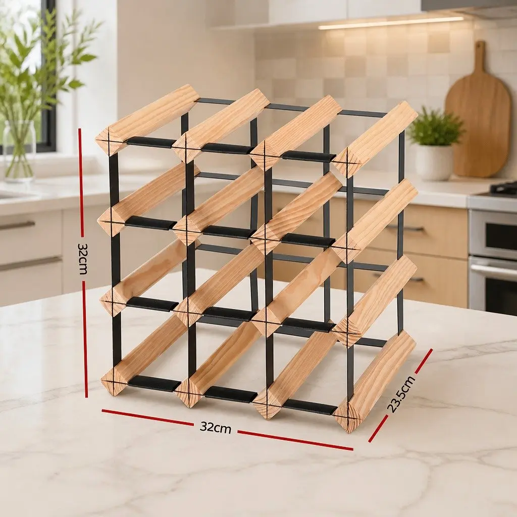 Wine Rack 12 Bottle Pine Wood Steel Frame Kitchen Storage Organiser Display
