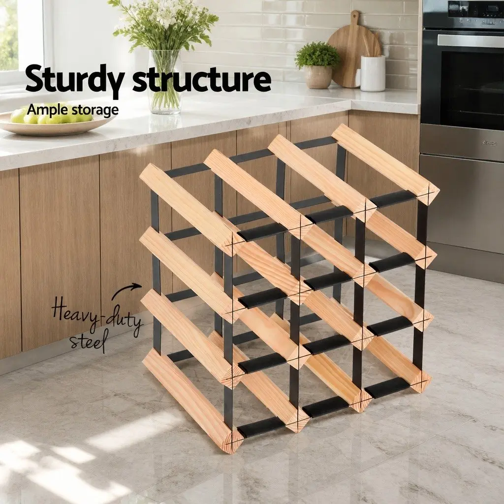 Wine Rack 12 Bottle Pine Wood Steel Frame Kitchen Storage Organiser Display