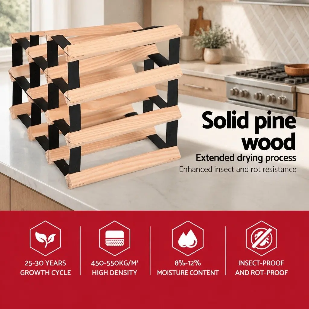 Wine Rack 12 Bottle Pine Wood Steel Frame Kitchen Storage Organiser Display