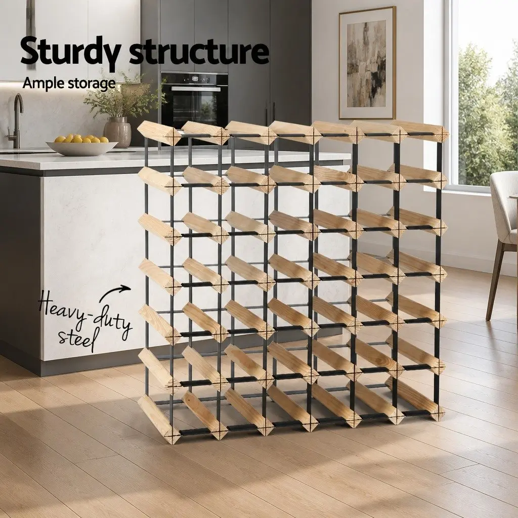 Wine Rack 42 Bottle Storage Pine Wood Steel Frame Organiser Kitchen Cellar Bar