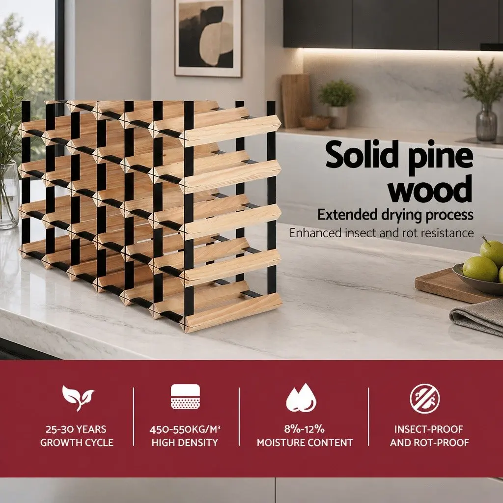 Wine Rack 42 Bottle Storage Pine Wood Steel Frame Organiser Kitchen Cellar Bar