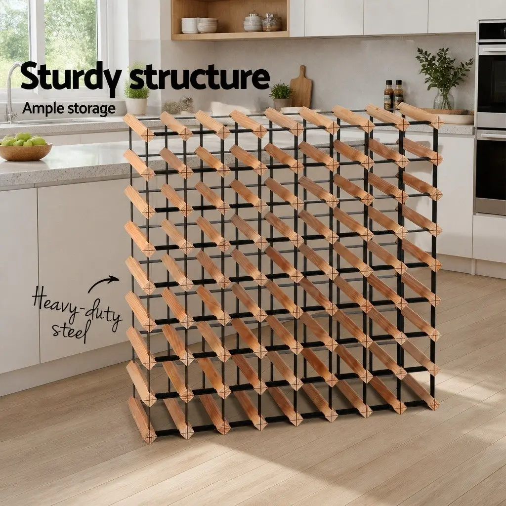 Wine Rack Solid Pine Wood Steel Frame 72 Bottle Storage Organiser