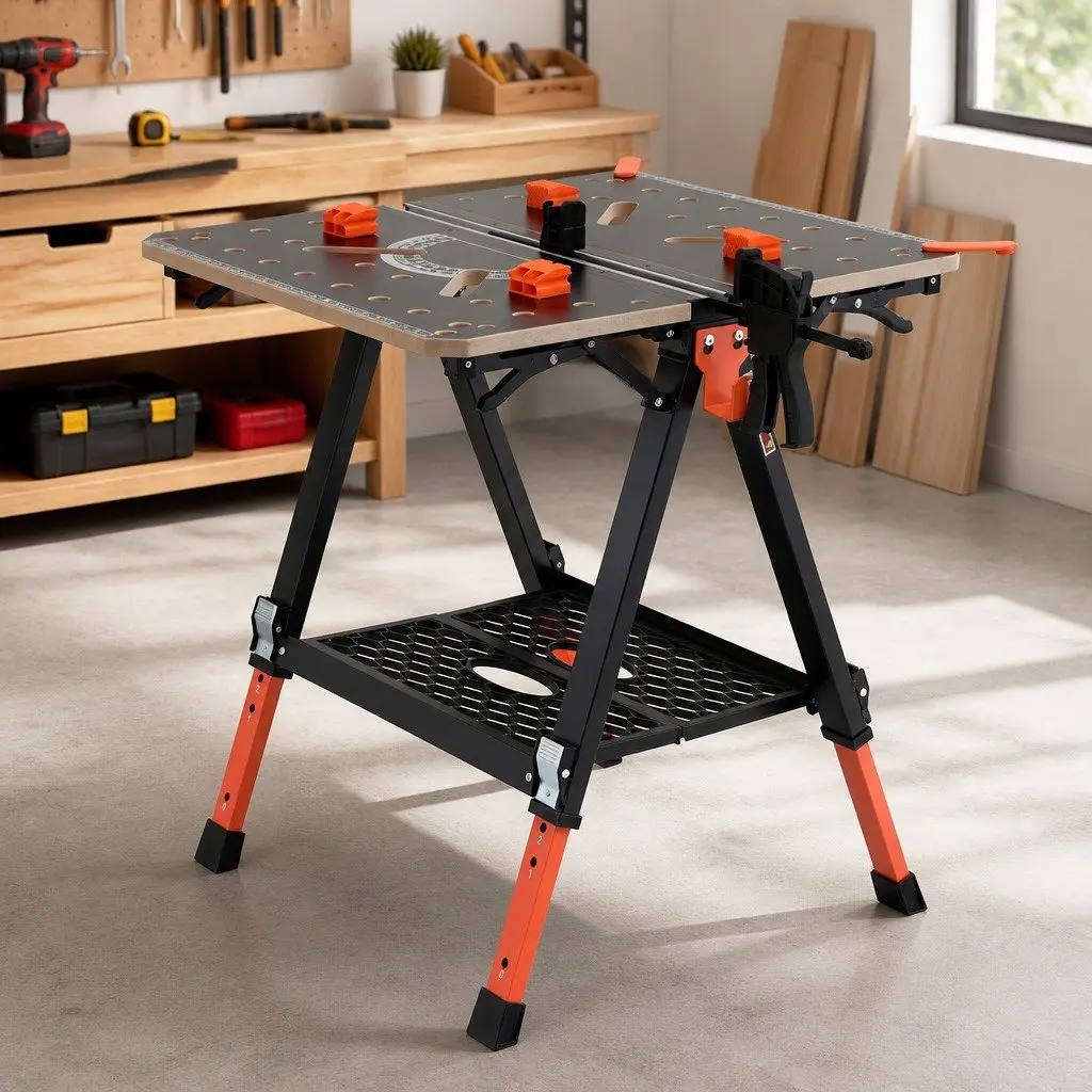 Portable Folding Work Table Adjustable Height Heavy-Duty Steel Frame 70 x 65 x 91.5 cm