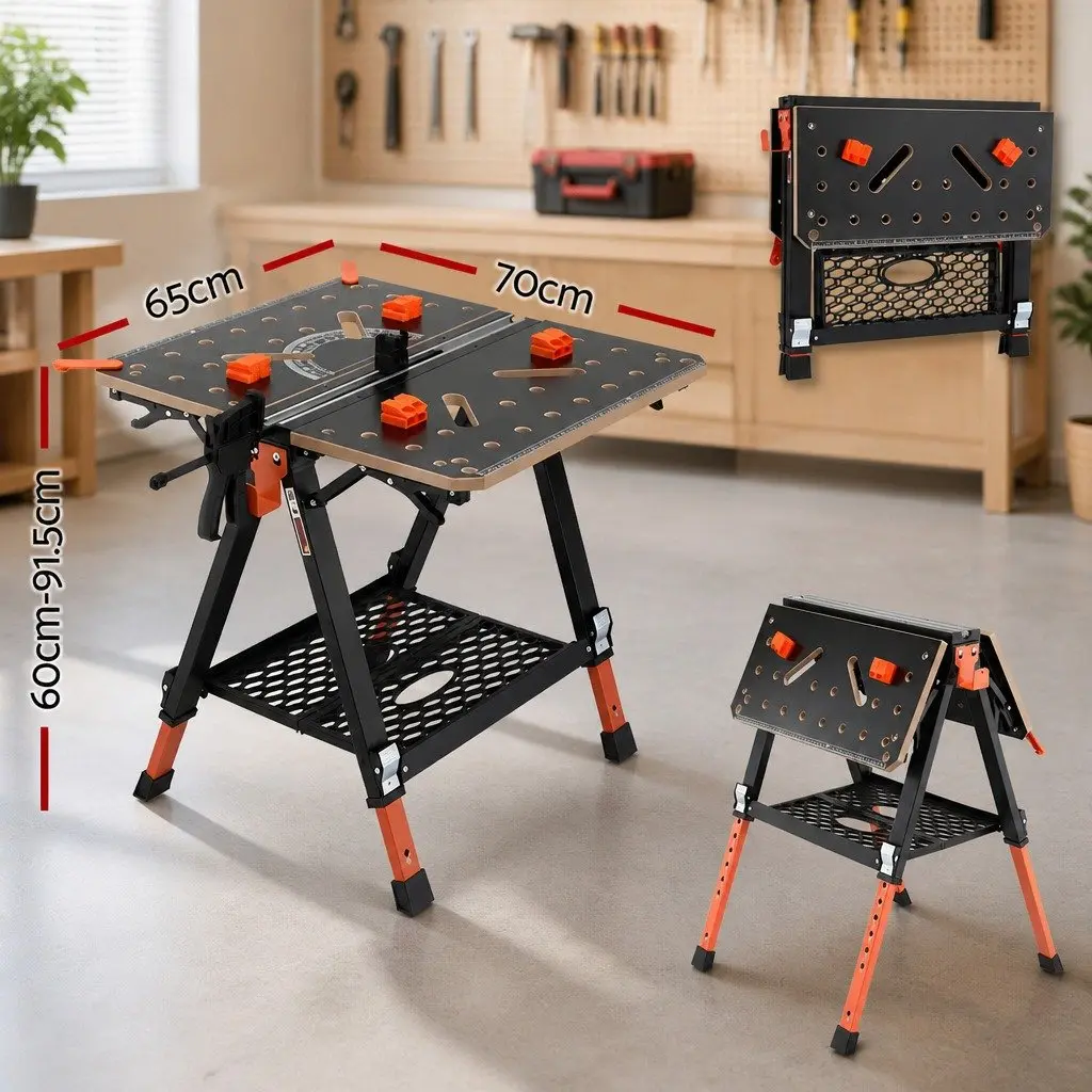 Portable Folding Work Table Adjustable Height Heavy-Duty Steel Frame 70 x 65 x 91.5 cm
