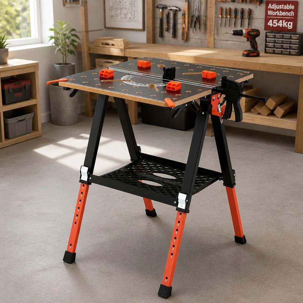 Portable Folding Work Table Adjustable Height Heavy-Duty Steel Frame 70 x 65 x 91.5 cm