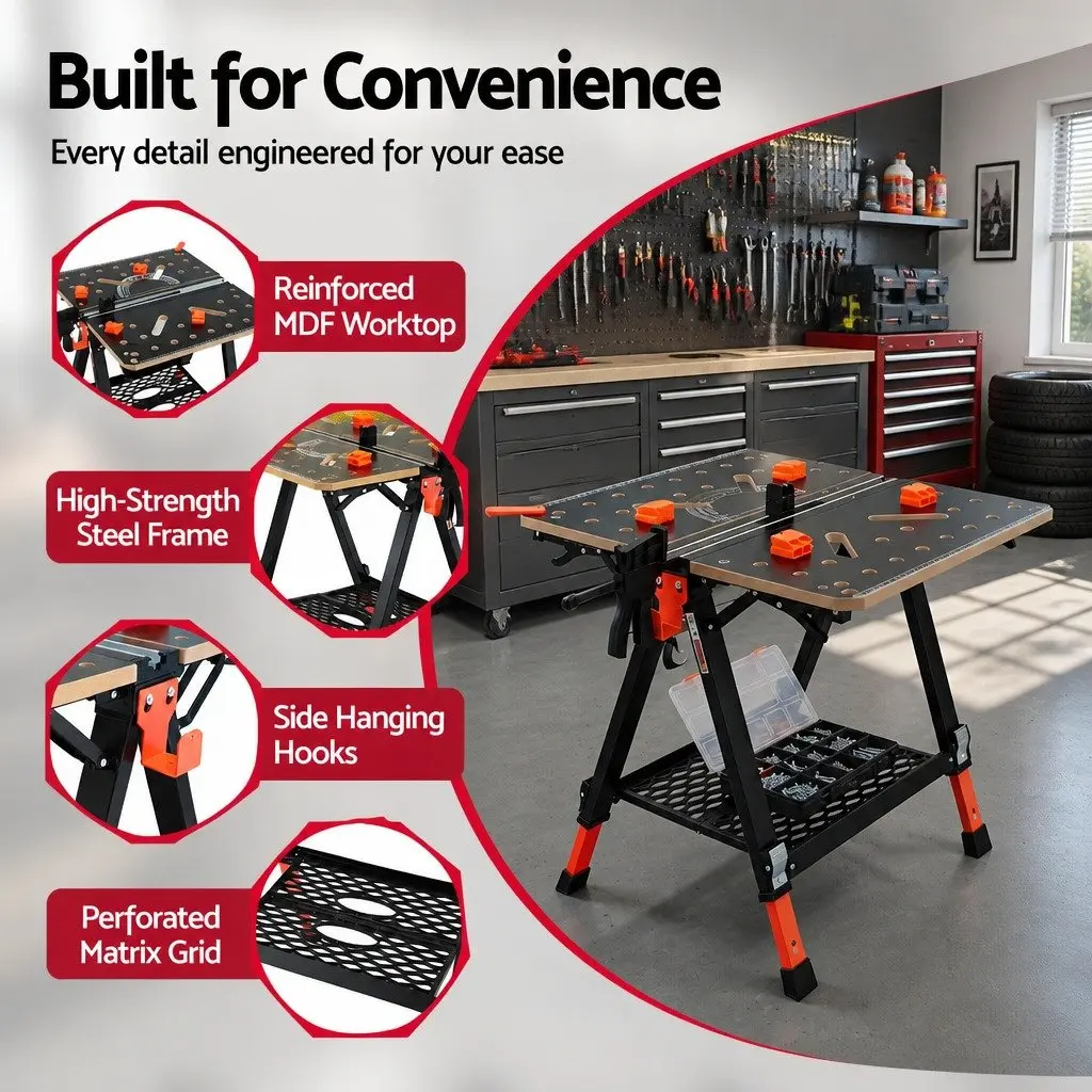Portable Folding Work Table Adjustable Height Heavy-Duty Steel Frame 70 x 65 x 91.5 cm