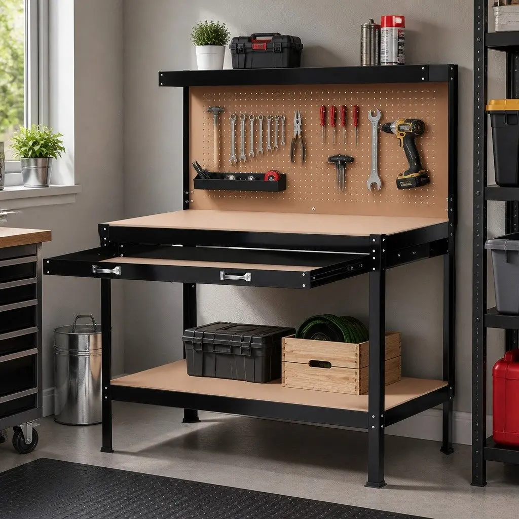 Workbench with Pegboard 120cm Work Table Garage Storage Ultra-Wide Drawer 20