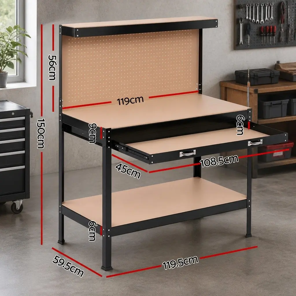 Workbench with Pegboard 120cm Work Table Garage Storage Ultra-Wide Drawer 20