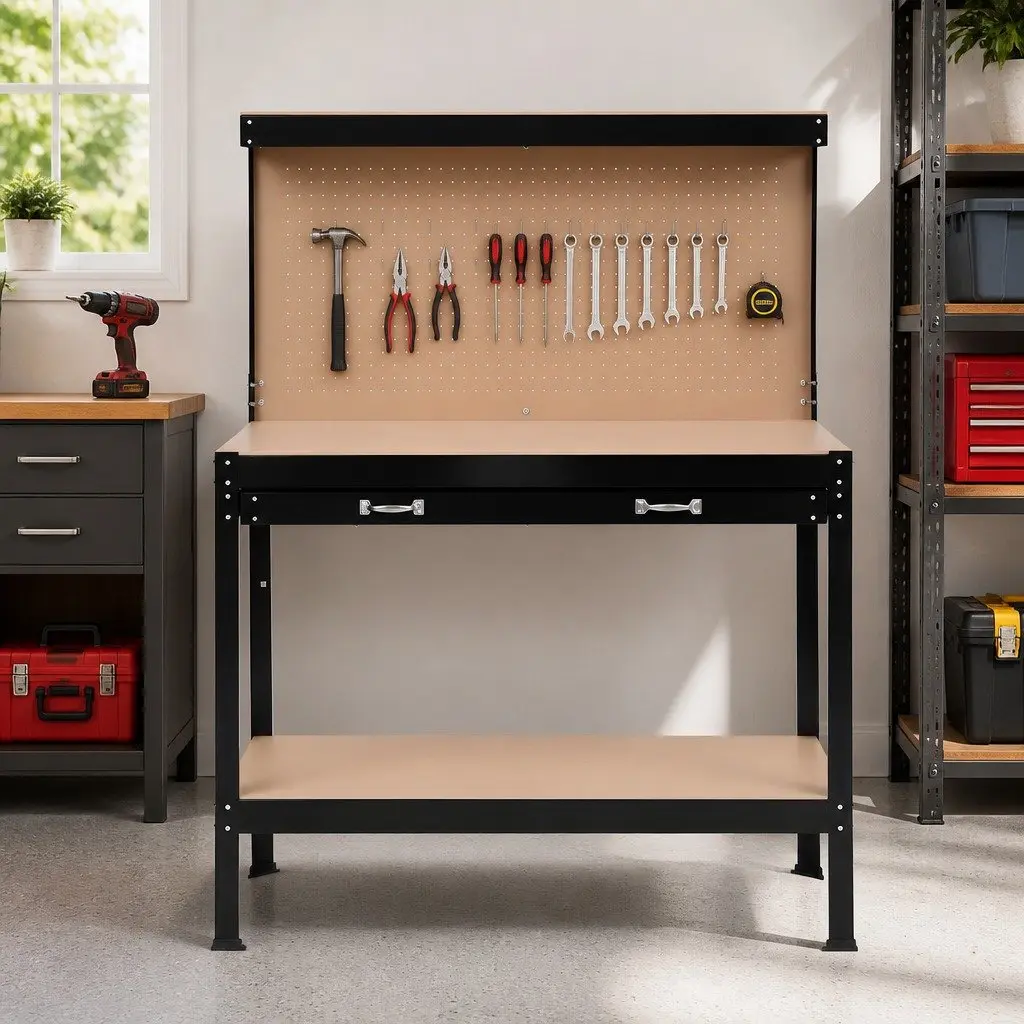 Workbench with Pegboard 120cm Work Table Garage Storage Ultra-Wide Drawer 20