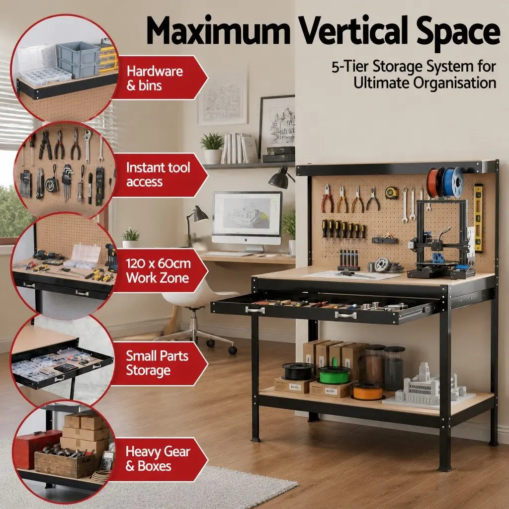 Workbench with Pegboard 120cm Work Table Garage Storage Ultra-Wide Drawer 20