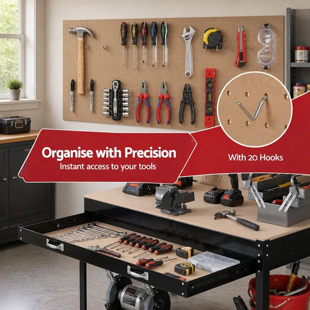 Workbench with Pegboard 120cm Work Table Garage Storage Ultra-Wide Drawer 20