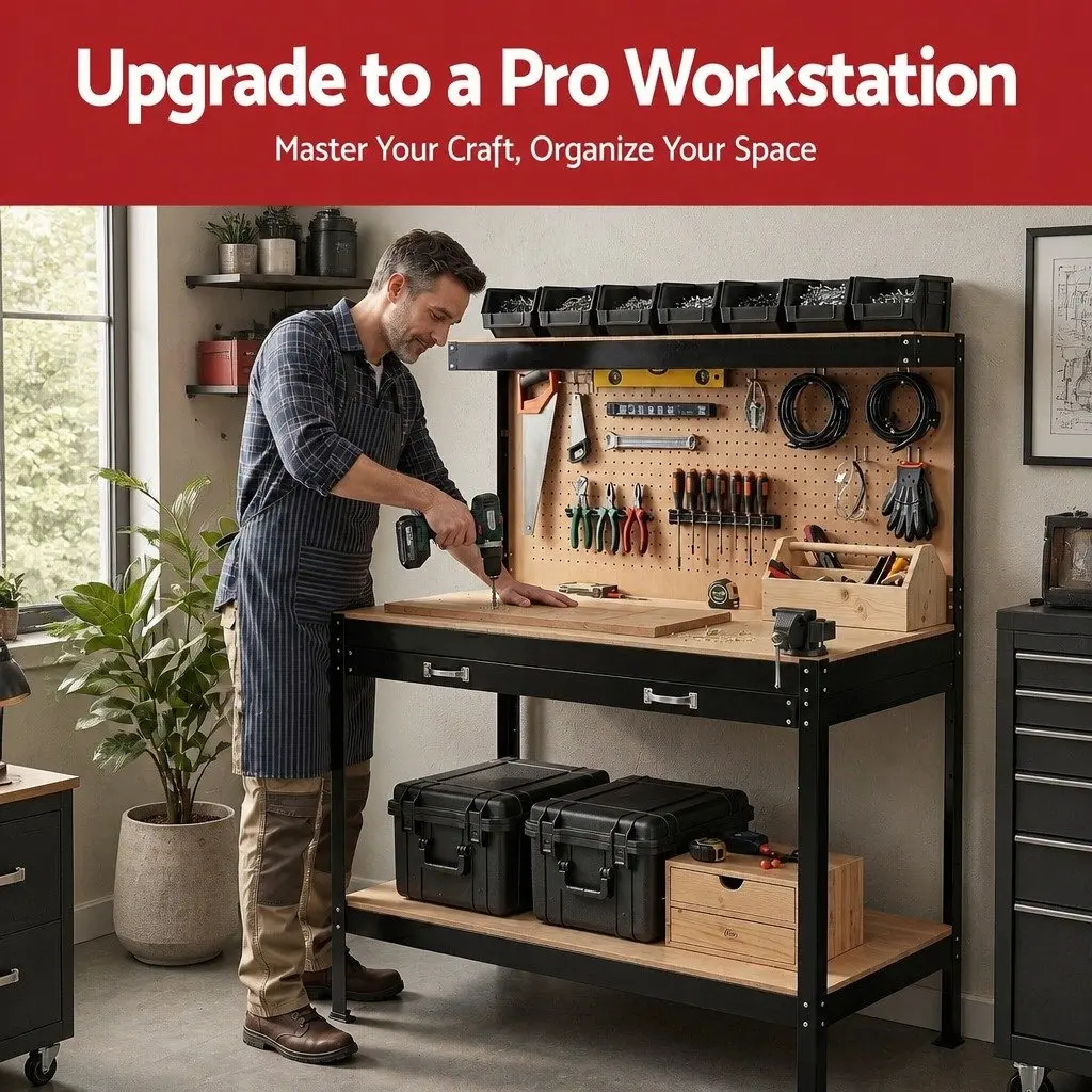 Workbench with Pegboard 120cm Work Table Garage Storage Ultra-Wide Drawer 20