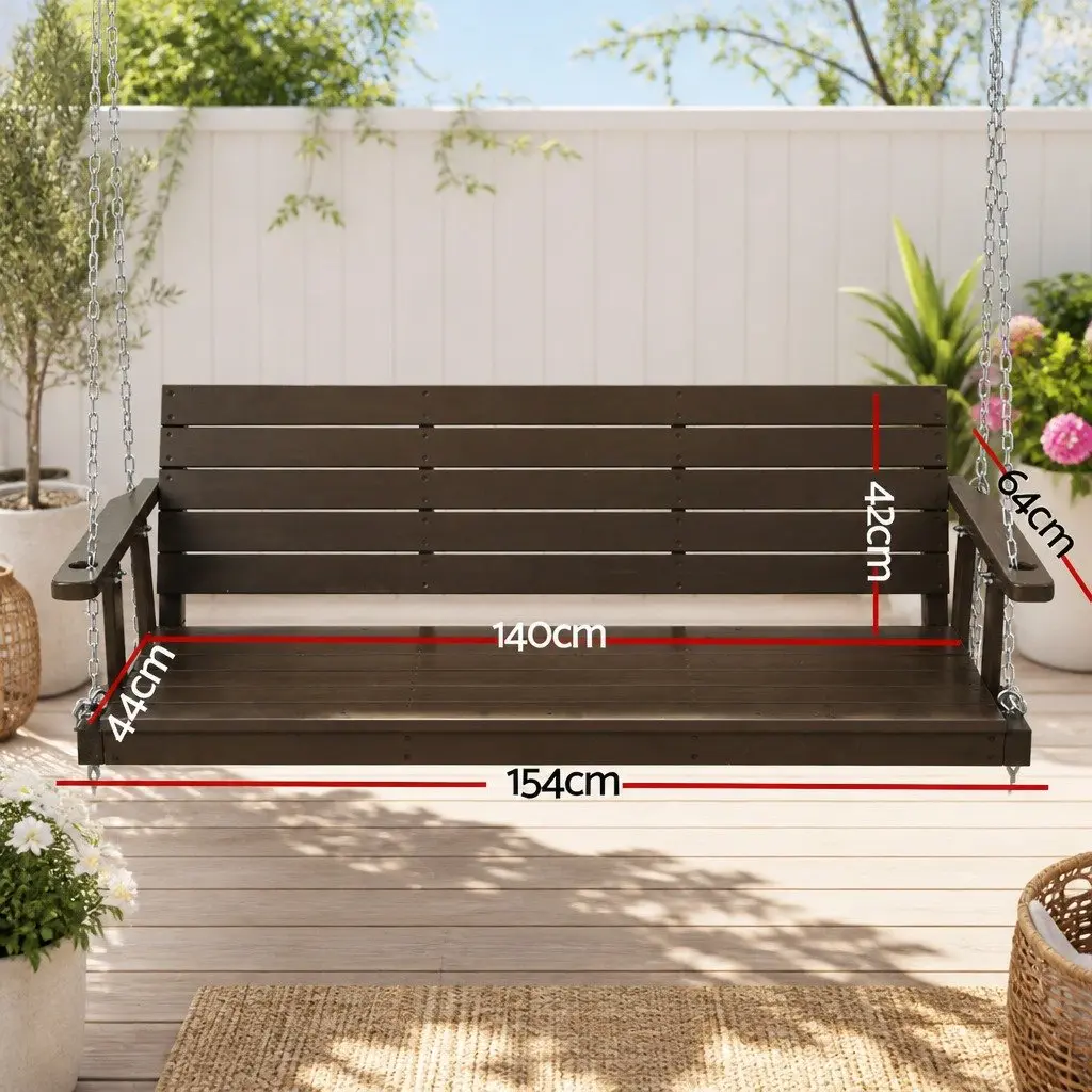 3 Seater Swing Chair Outdoor Wooden Bench Solid Fir Wood Heavy Duty Metal Chains Brown