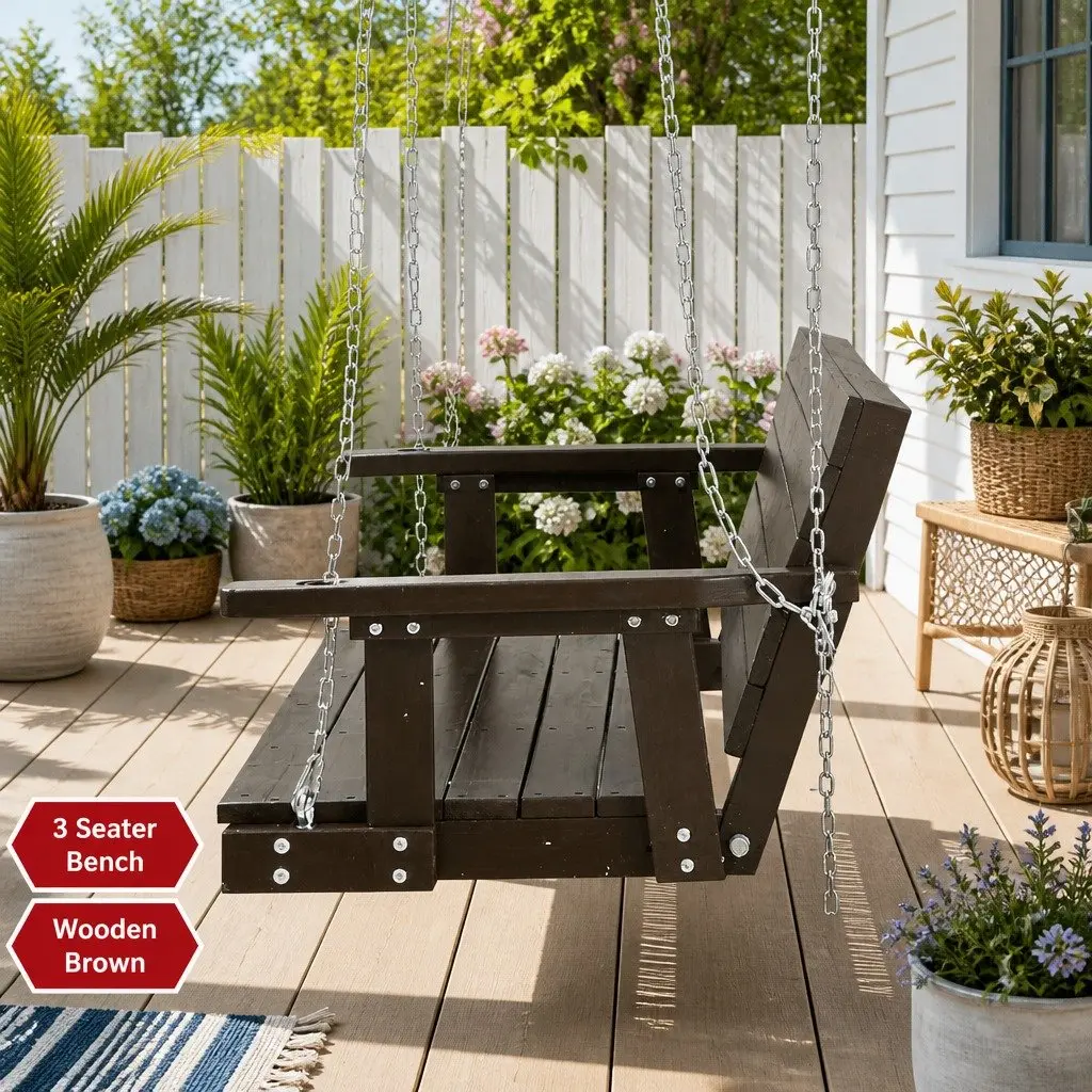 3 Seater Swing Chair Outdoor Wooden Bench Solid Fir Wood Heavy Duty Metal Chains Brown