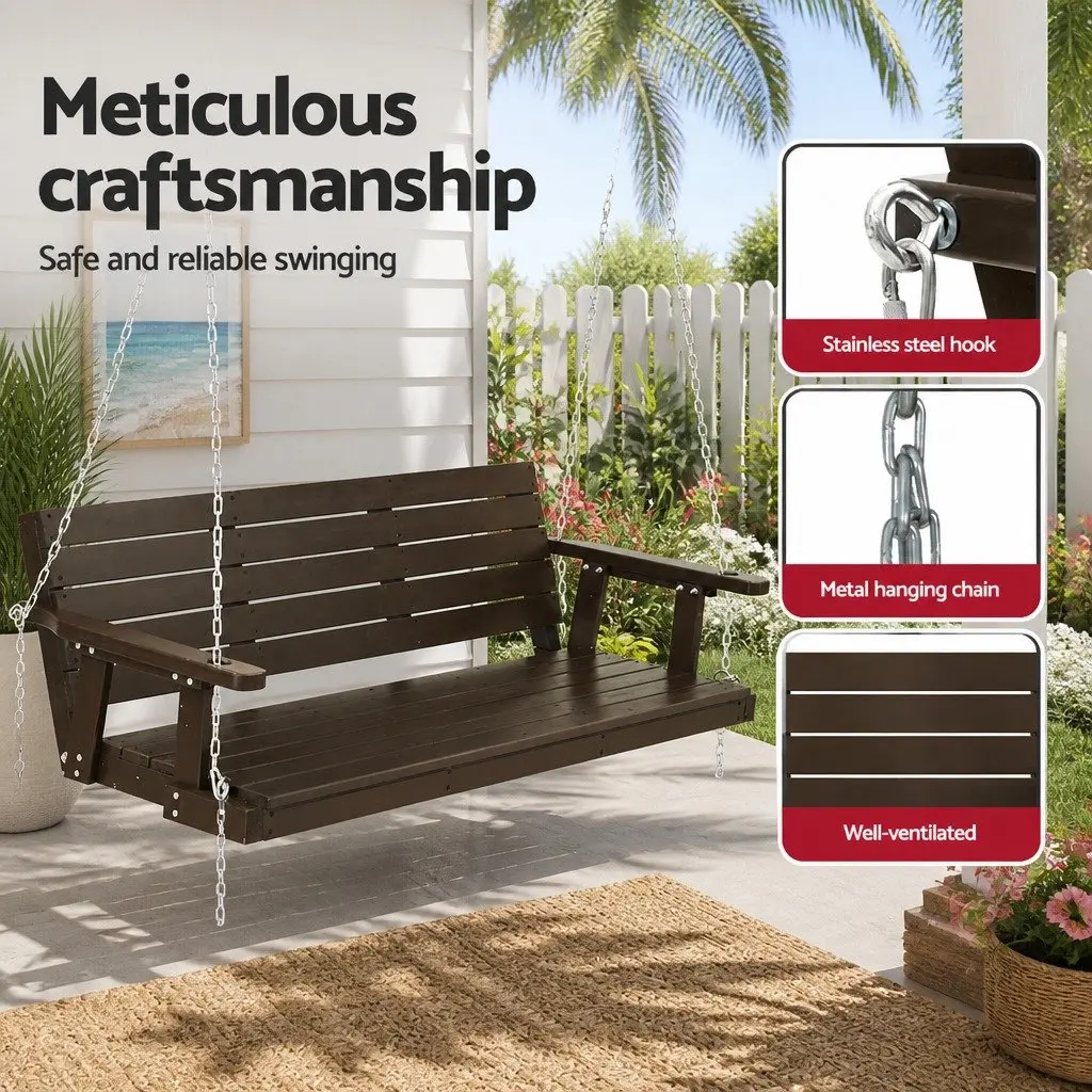 3 Seater Swing Chair Outdoor Wooden Bench Solid Fir Wood Heavy Duty Metal Chains Brown