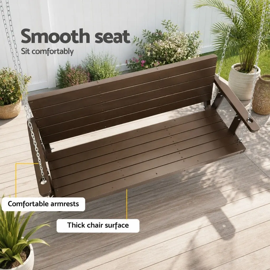 3 Seater Swing Chair Outdoor Wooden Bench Solid Fir Wood Heavy Duty Metal Chains Brown