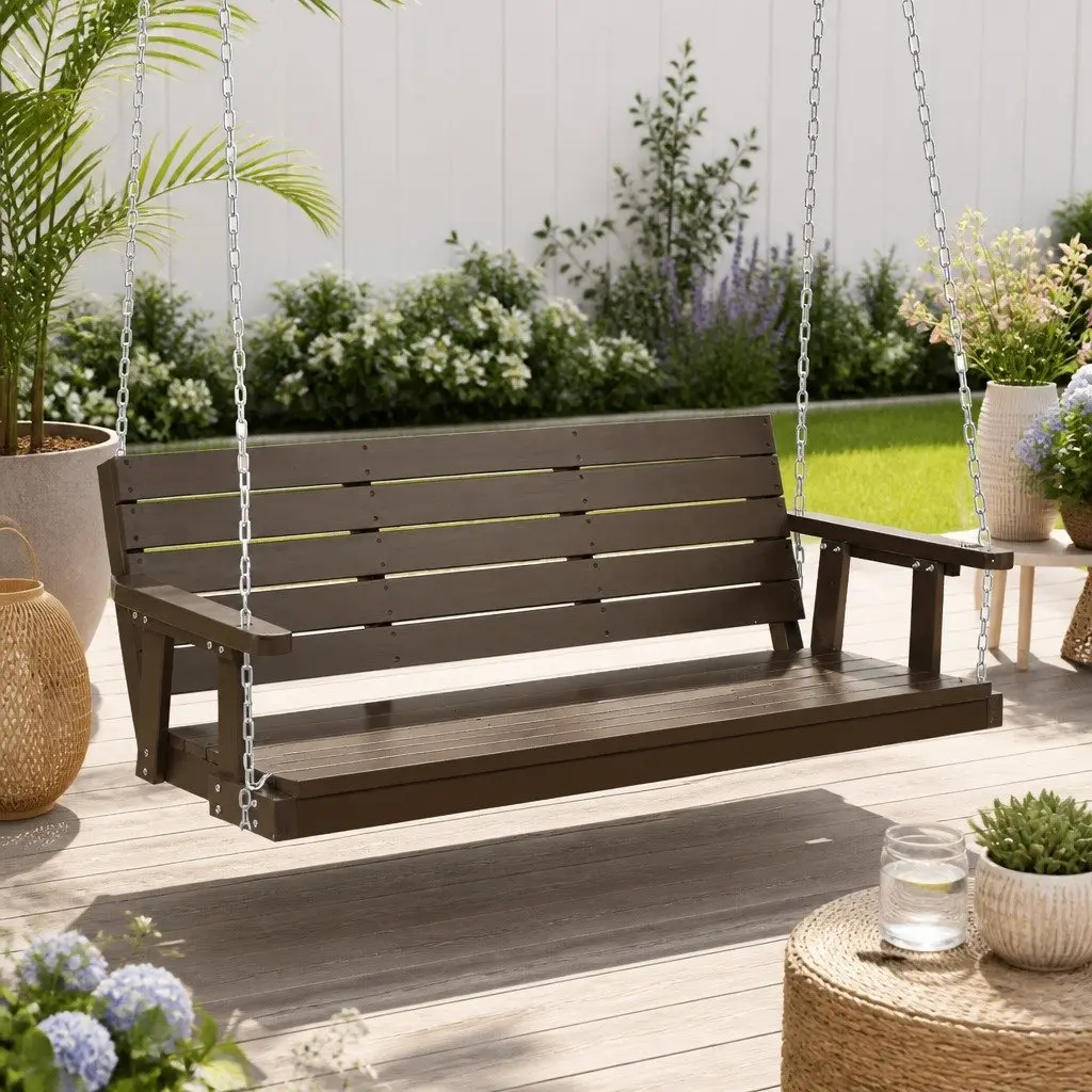 3 Seater Swing Chair Outdoor Wooden Bench Solid Fir Wood Heavy Duty Metal Chains Brown