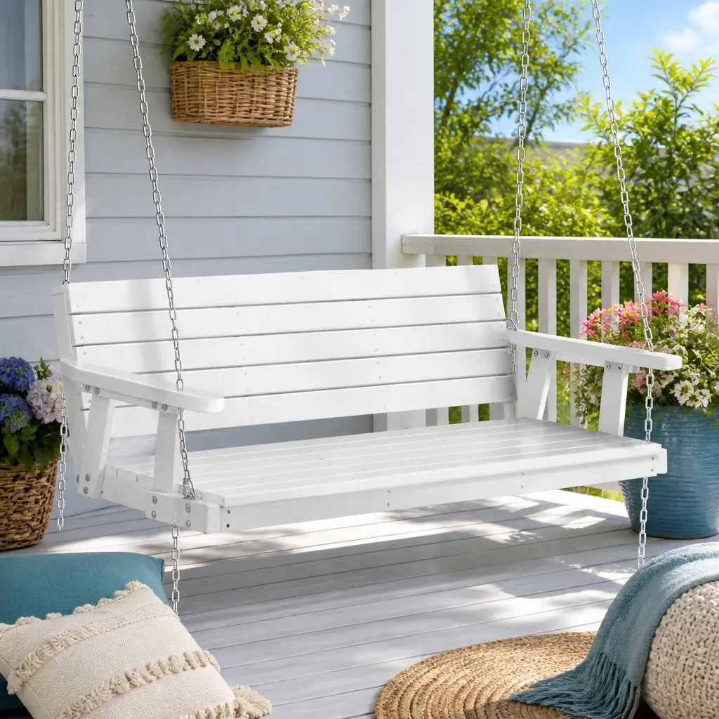 Outdoor Hanging Bench 3 Seater Fir Wood Porch Swing Chair White