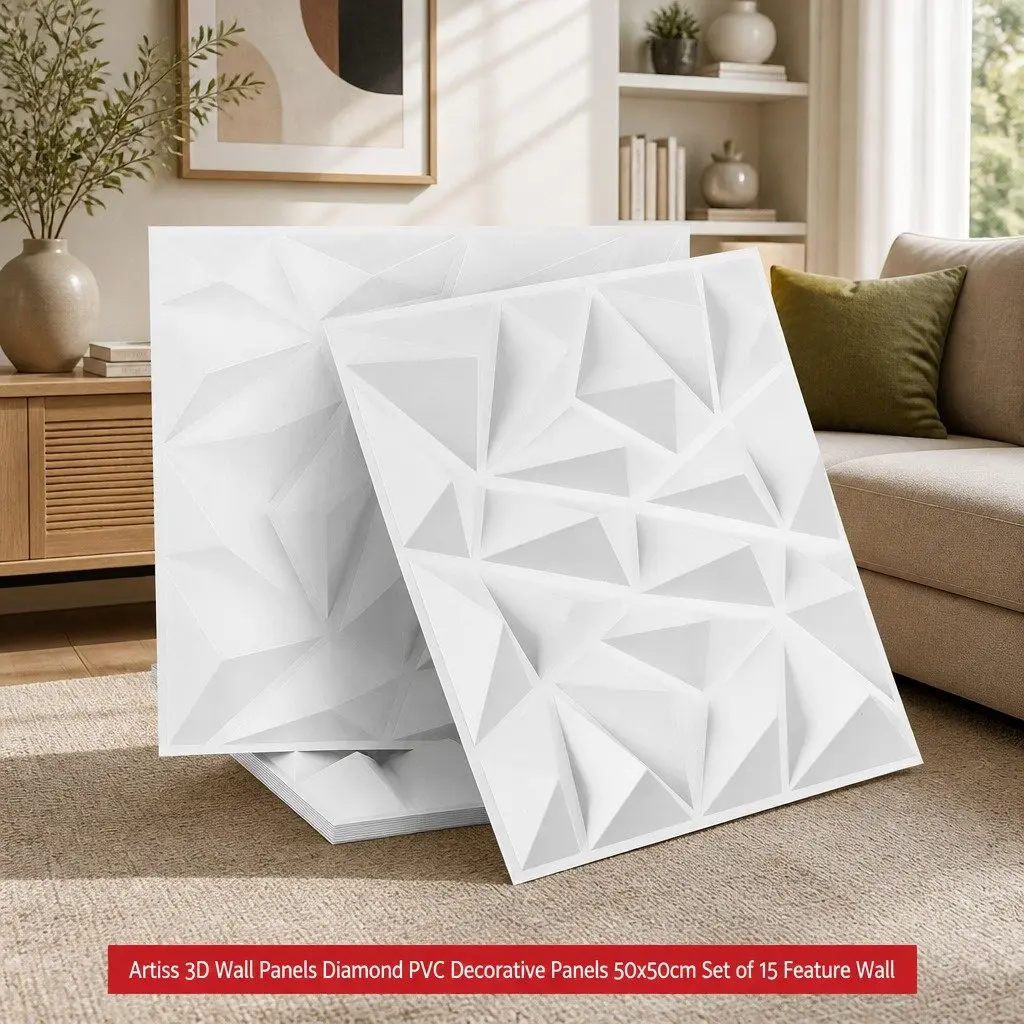 3D Wall Panels Diamond Pattern Decorative PVC Feature Wall 50x50cm Set 15 White