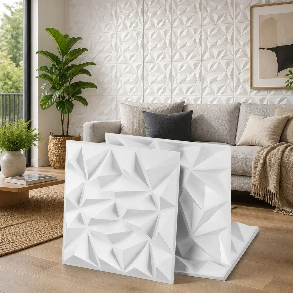 3D Wall Panels Diamond Pattern Decorative PVC Feature Wall 50x50cm Set 15 White