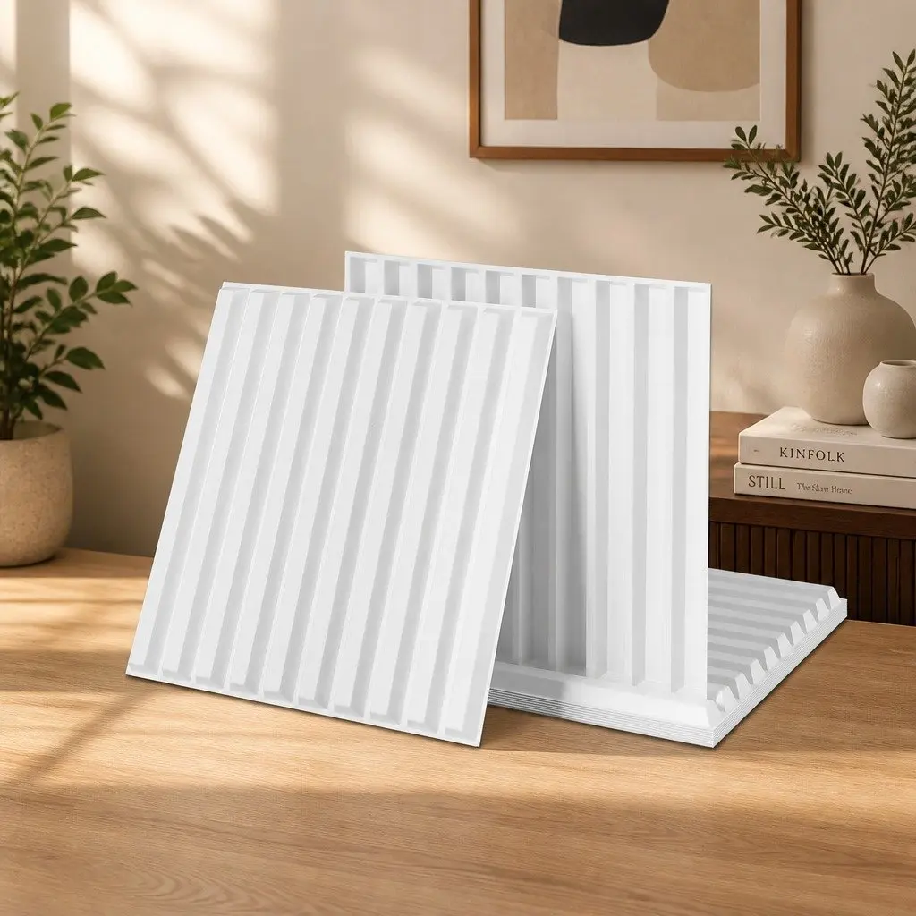 3D Vertical Wall Panels PVC Decorative Feature Wall 50x50cm White Set of 15