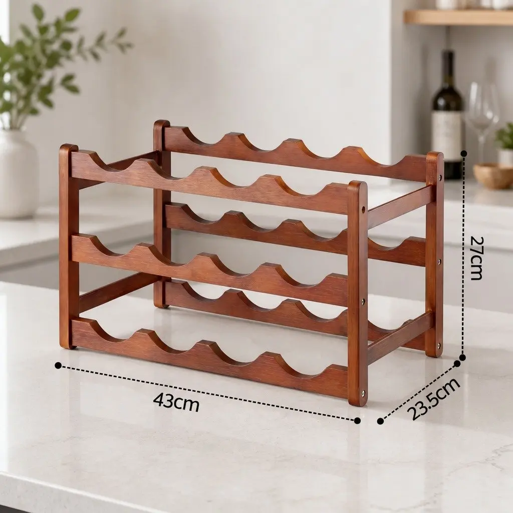 3-Tier Bamboo Wine Rack Free-Standing Walnut 12 Bottle Display Storage Organizer