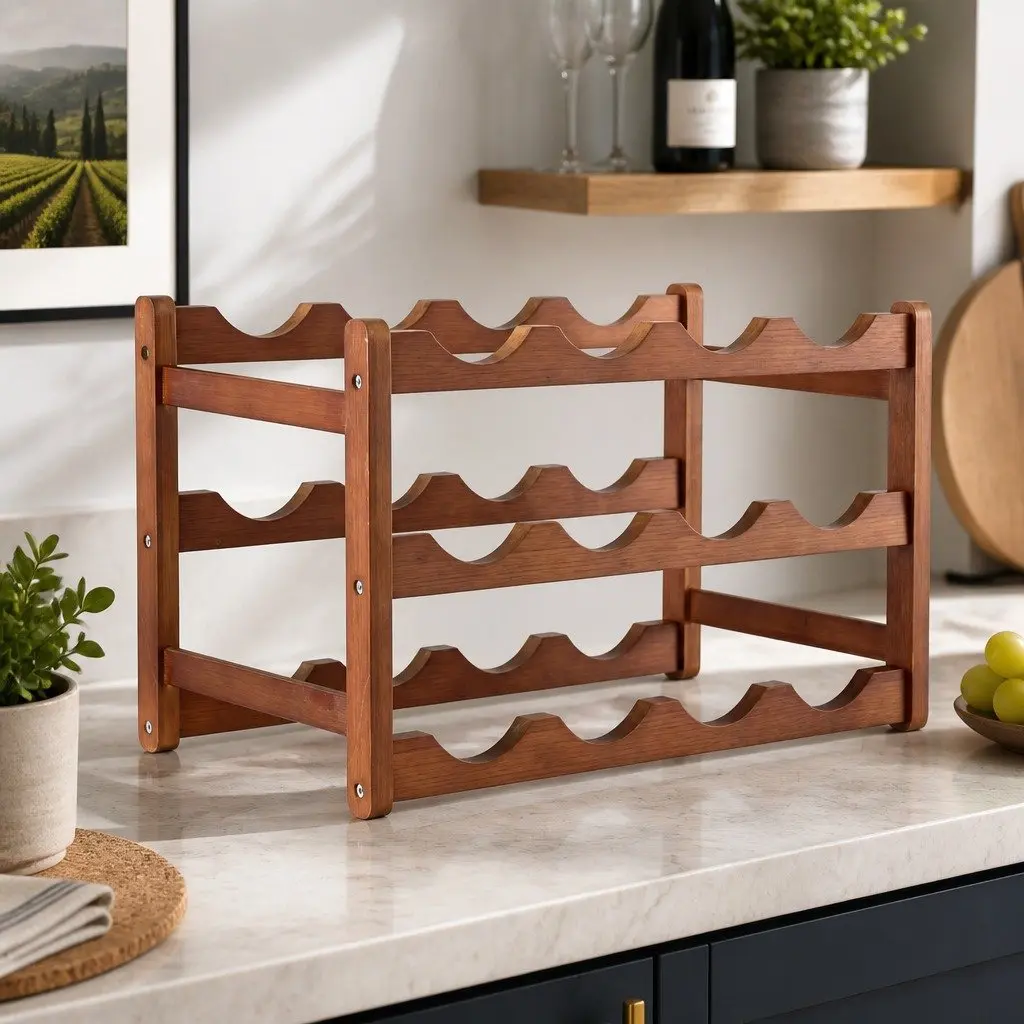 3-Tier Bamboo Wine Rack Free-Standing Walnut 12 Bottle Display Storage Organizer