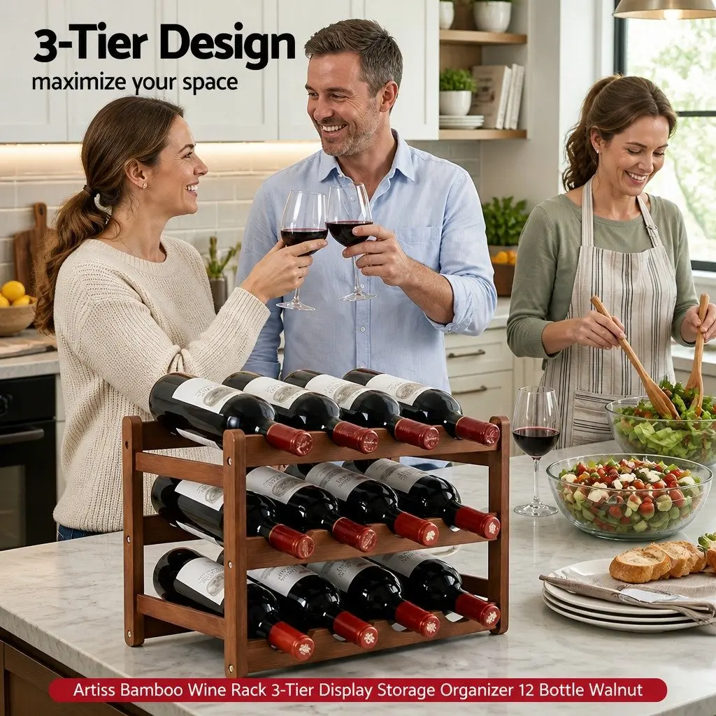 3-Tier Bamboo Wine Rack Free-Standing Walnut 12 Bottle Display Storage Organizer