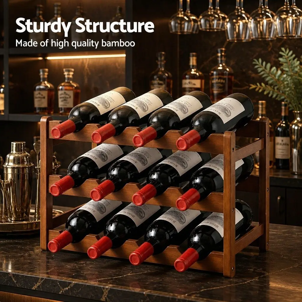 3-Tier Bamboo Wine Rack Free-Standing Walnut 12 Bottle Display Storage Organizer