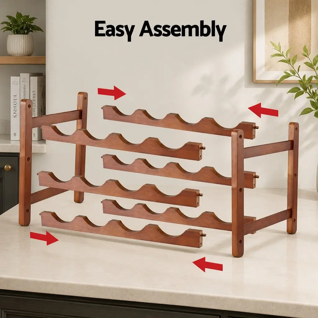 3-Tier Bamboo Wine Rack Free-Standing Walnut 12 Bottle Display Storage Organizer