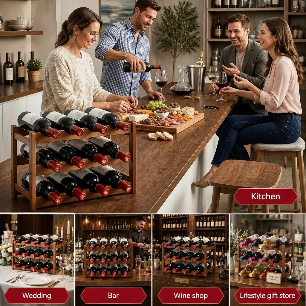 3-Tier Bamboo Wine Rack Free-Standing Walnut 12 Bottle Display Storage Organizer