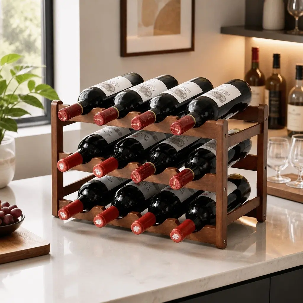 3-Tier Bamboo Wine Rack Free-Standing Walnut 12 Bottle Display Storage Organizer
