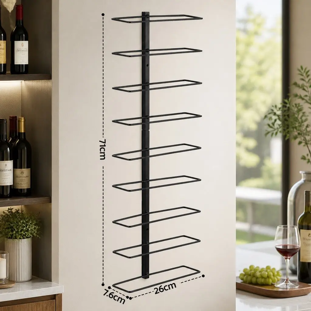 Vertical Storage Wine Rack Metal Black Wall Mounted Organizer for 9 Bottles