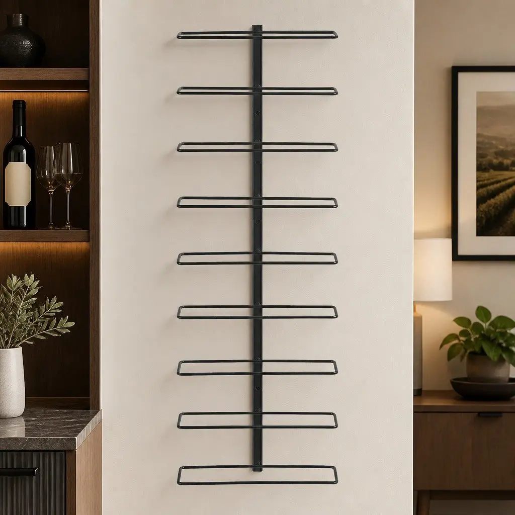 Vertical Storage Wine Rack Metal Black Wall Mounted Organizer for 9 Bottles