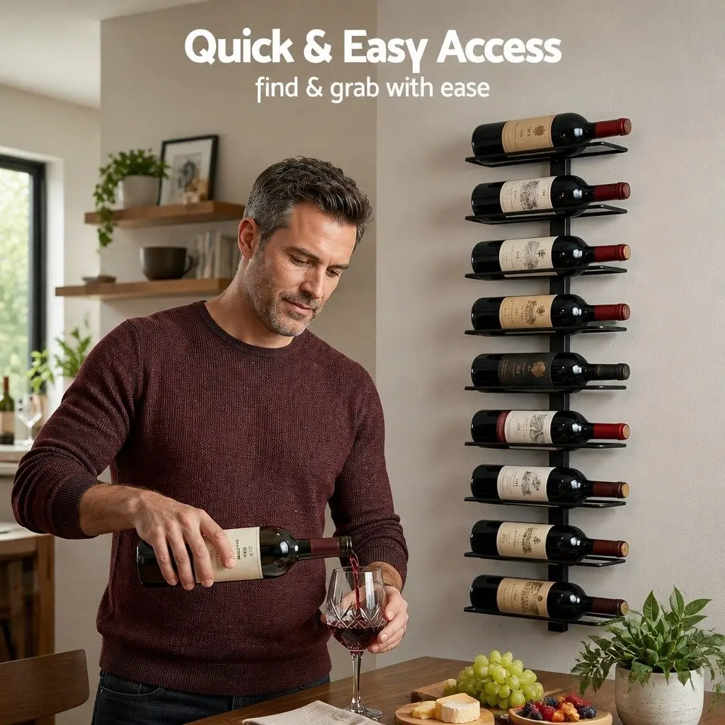 Vertical Storage Wine Rack Metal Black Wall Mounted Organizer for 9 Bottles